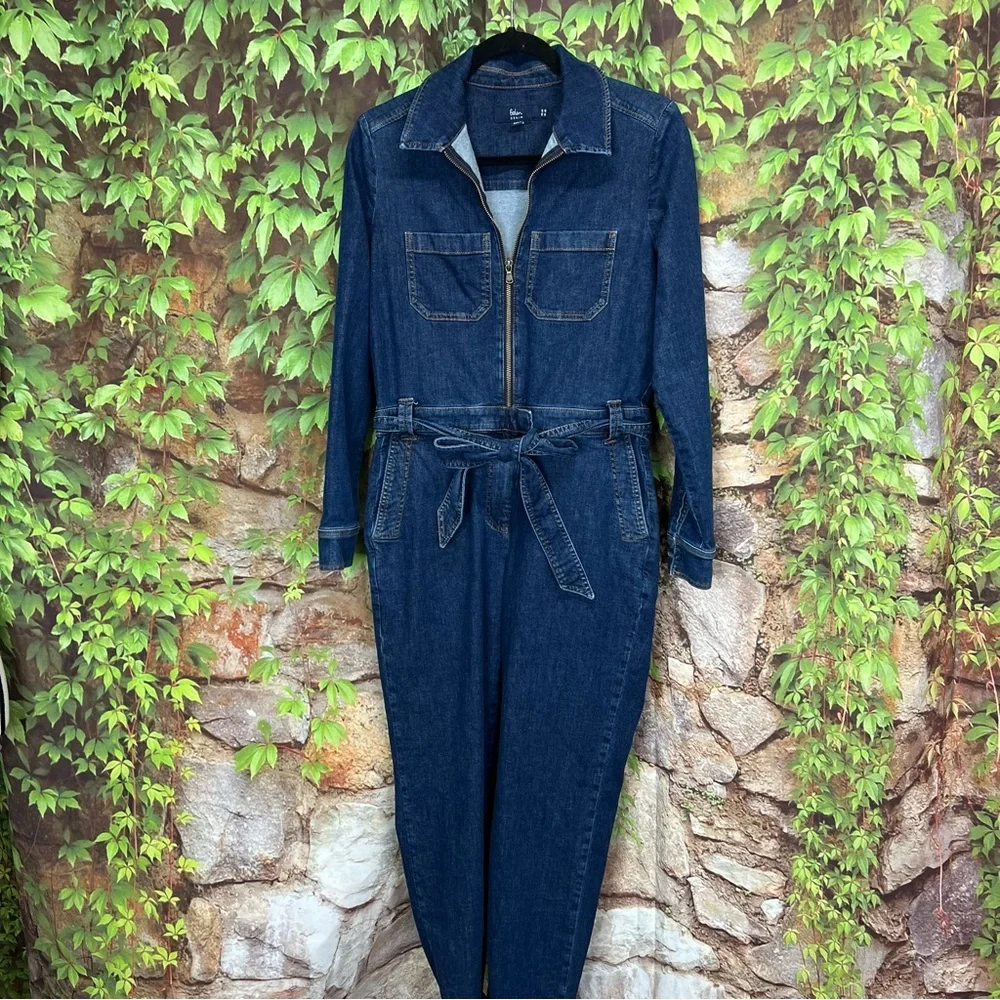 BODEN Coastal Cowgirl Southwestern Style Dark Wash Denim Zip Front Jumpsuit, 4R - Picture 3 of 14